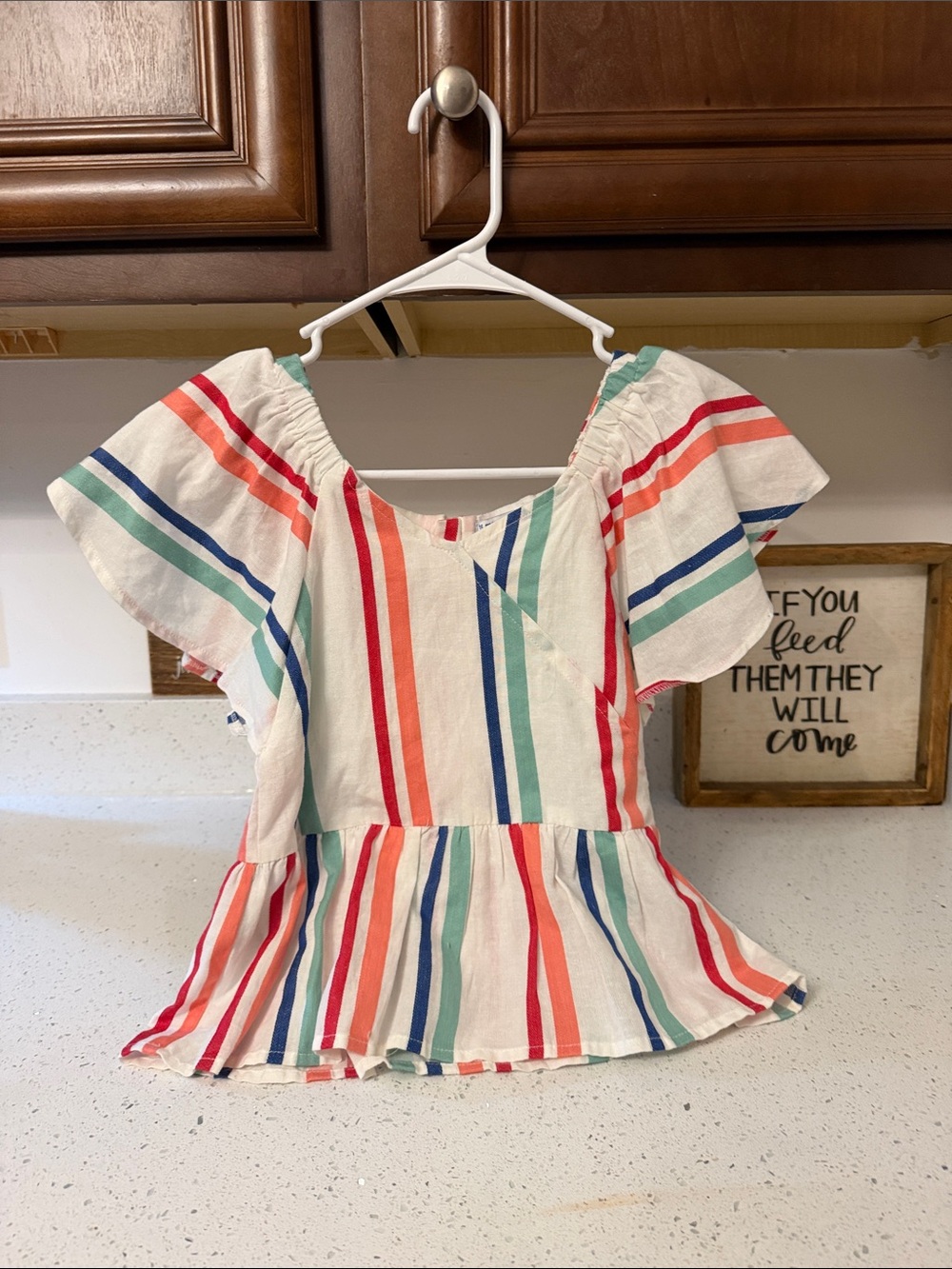 Mayoral White Peplum Top with Red, Blue, Green & Coral Stripes